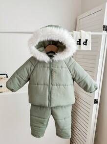 SHEIN 2pcs Baby Boy/Girl Warm Fleece Hooded Padded Coat + Overalls, Suitable For Autumn/Winter Outdoor, Skiing
