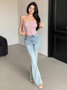 DAZY 女士夏季格子单排扣修身抹胸上衣外出上衣 - 粉色 - 查看 3