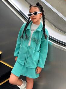 SHEIN Explorewe 2pcs Tween Girls' Casual Rivet & Tassel Decor Fluffy Jacket Coat + Asymmetric Skirt Leggings Set