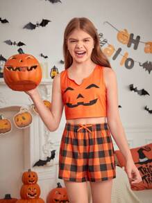 SHEIN Tween Girl Halloween Cartoon Pattern V-Neck Fitted Camisole With Plaid Shorts Pajama Set, Mommy And Me Matching Outfits (3 Sets Sold Separately) - Multicolor - View 2