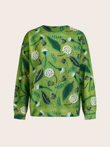 SHEIN Unity Women's Floral Pattern Knit Sweater, Spring & Autumn, Knit Pullover Fall Winter - Green - View 1