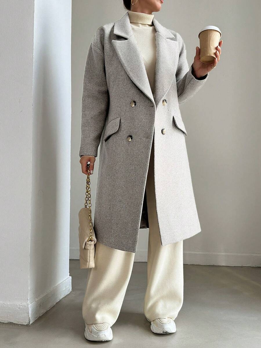 EURMUSE Lapel Neck Double Breasted Overcoat - Grey - View 1