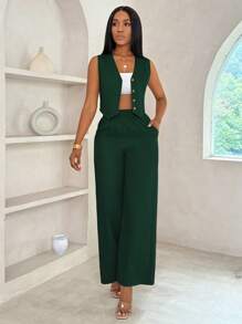 VaVaBold 2pcs V-Neck Button Front Sleeveless Top And Pocket Decoration Casual Pants Set - Dark Green - View 3