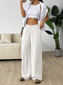 SHEIN EZwear Pantalones casuales de pierna ancha tejidos para mujeres