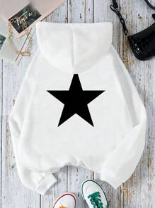 少女连帽五角星印花长袖时尚宽松流行运动衫