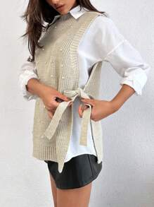 EURMUSE Round Neck Sleeveless Sweater With Pearls - Beige - View 5