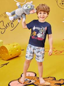 TOM & JERRY X SHEIN 2 件套年轻男孩卡通印花蓝色短袖 T 恤和浅蓝色菱形格子短裤睡衣套装，夏季 - 藍色 - 查看 5