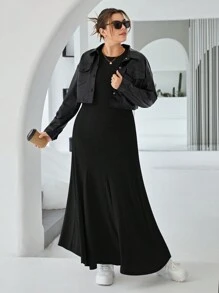 SHEIN Essnce Vestido largo de manga larga y ajuste básico negro informal y elegante para mujer de talla grande, ropa de mujer de otoño, vestidos de otoño, viejo dinero, disfraces de mujer, vestido negro largo, atuendos de mujer de otoño, vestido base, vestido de cola de pez - Negro - Ver 4