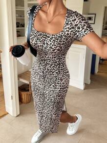 Frenchy Vestido ajustado casual de verano con estampado de leopardo y abertura - Negro - Ver 2