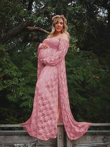 孕妇蕾丝灯笼袖高开衩摄影礼服，V领露肩长裙，适合拍摄 - 藕粉色 - 查看 6