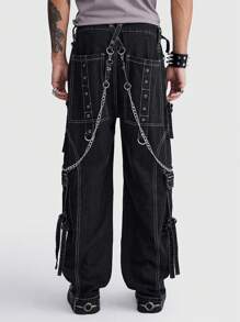 ROMWE MEN ROMWE Avant Men's Front Button Multi-Pocket Zipper Chain Decorated Denim Jeans, Casual Daily Wear - Black - View 3