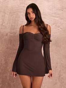 SHEIN BAE Summer Sexy  Lace Panel Sheer Sleeve Mini Dress - Coffee Brown - View 4