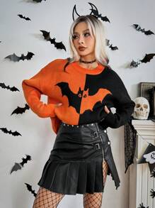 Chiquease Women's Colorblock Bat Wing Pattern Crew Neck Long Sleeve Knitted Sweater, Fall Winter - Multicolor - View 6