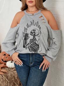 SHEIN LUNE Winter Clothes Plus Size Round Neck Cold-Shoulder Long Sleeve Halloween Skeleton Print Sweatshirt