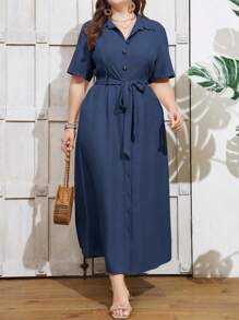 EMERY ROSE Vestido-camisa casual longo com manga curta, de cor sólida, de estilo único-fileira, para mulheres plus size - Azul - Visão 6