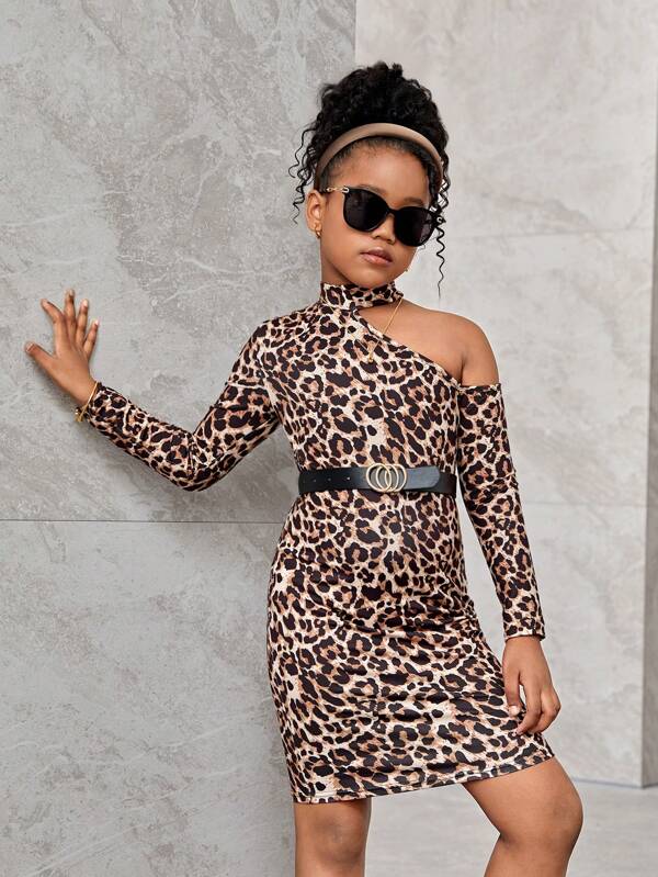 SHEIN Rochie mini cu imprimeu leopard pentru fete Tween Girl, ocazional