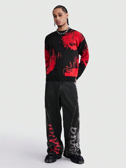 Grunge Punk Jersey informal de cuello redondo con estampado de figuras de color block para hombre, otoño e invierno, escuela