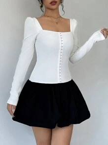 Chiquease Summer Elegant Low Waist Contrast Color Block Long Sleeve Dress - Black and White - View 6