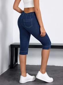 SHEIN EZwear 女士纯色简约日常牛仔裤 - 深色水洗藍 - 查看 2