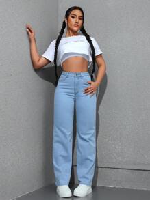 SHEIN Unity Nữ Nút Thắt Lưng Túi Chân Thẳng Thời Trang Thoải Mái Hợp Thời Trang Quần Jean Denim - Rửa nhẹ - Xem 2