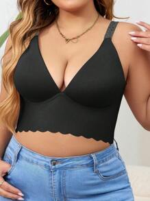 1pc Plus Size Backless Wireless Bra With Scallop Trim Design, Fashionable And Comfy
