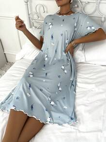Floral Print Short Sleeve Nightgown Babydoll PerfectSummer - Blue - View 4