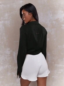 MISSGUIDED Tying Knot Detail Linen Long Sleeve Crop Shirt Blouse - Black - View 2