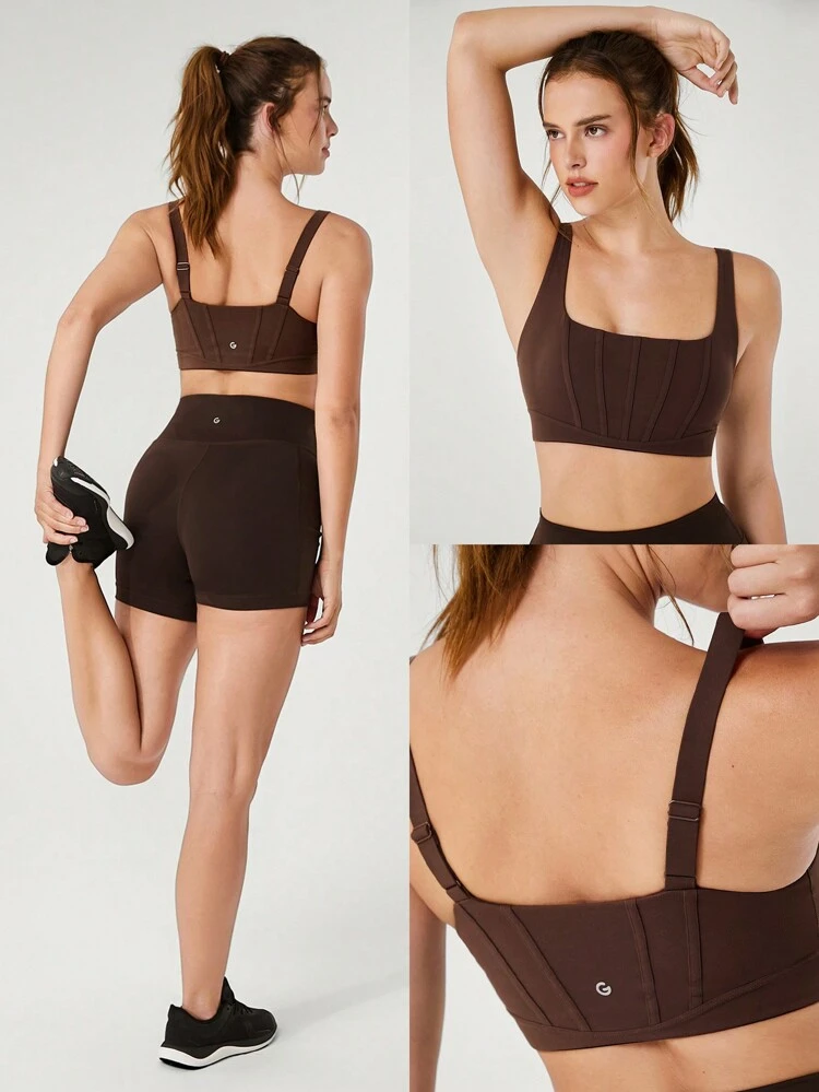 FeatherFit™-Sculpt Corset Seam Square Neck Sports Bra With Removable Seamless Cups Medium Impact Gym Workout Jogging Spring Summer