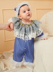 Tenues d'automne et d'hiver pour bébés filles, 2 pièces, avec chapeau, garniture en dentelle bleue, Tulle multicouche, Costume élégant de luxe, accessoire Photo - Bleu azur - Voir 3