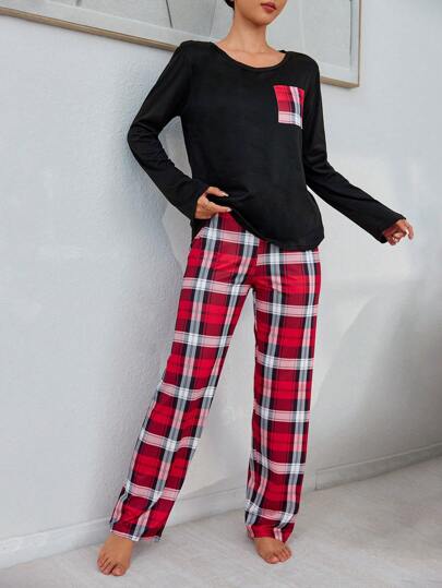 Women Round Neck Long Sleeve Contrast Top Plaid Pants Pajama Set, Fall Clothes Cozy Elegante view 6