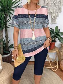 Fashion Striped Digital Print Round Neck Short Sleeve T-Shirt And Leggings 2pcs Outfit For Women, Casual