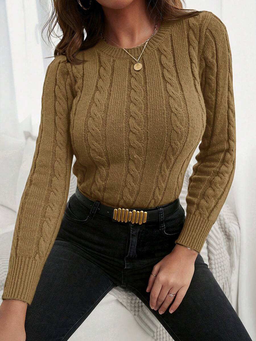 EURMUSE Solid Cable Knit Sweater - Camel - View 1