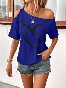 SHEIN LUNE Women's Casual Heart Print Asymmetrical Neck T-Shirt, Summer
