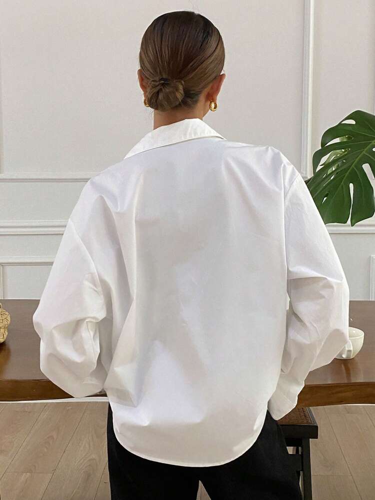Women's Loose Fit Letter Embroidered Long Sleeve Collared White Shirt,Fall Women Clothes