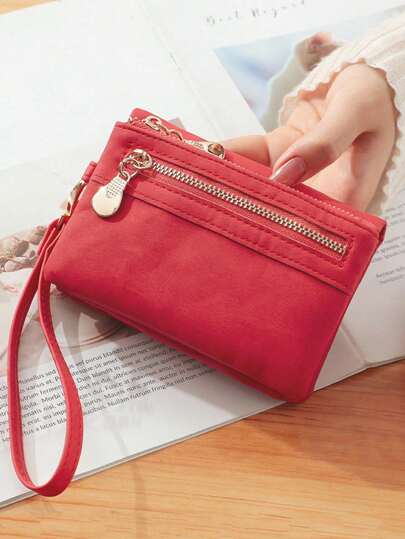MIYIN 复古时尚PU皮革对折女士短款钱包 - 休闲便携卡包，带拉链零钱包、卡槽、证件窗口和腕带，日常使用（红色）女士腕包零钱包