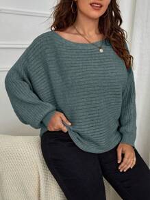 SHEIN LUNE Suéter elegante versátil de cuello barco sólido de manga de murciélago para mujer de talla grande, otoño/invierno