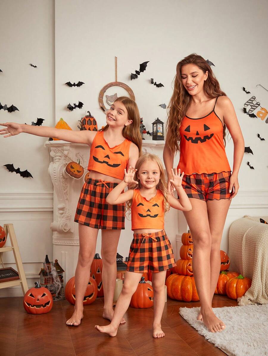SHEIN Tween Girl Halloween Cartoon Pattern V-Neck Fitted Camisole With Plaid Shorts Pajama Set, Mommy And Me Matching Outfits (3 Sets Sold Separately) - Multicolor - View 1