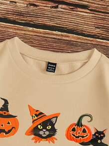 SHEIN EZwear Casual Minimalist Halloween Tic-Tac-Toe Pumpkin & Black Cat Print Apricot Oversized Sweatshirt For Women