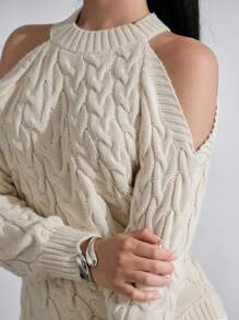 Elegant Cut Out Shoulder Detailed Cable Knit Asymmetrical Sweater & Plain Wide Leg Sweater Pants Co-Ords - Beige - View 4