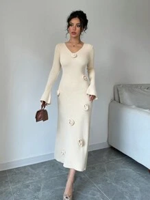 Selianne 女式 V 领长袖花卉刺绣修身优雅针织连衣裙 - 杏色 - 查看 5