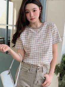 Dazy Star 女士纹理面料圆领格子印花短袖 T 恤 - 彩色 - 查看 4