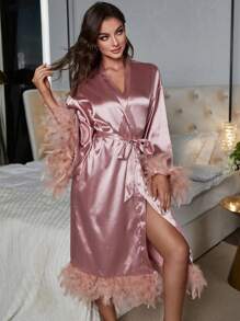 Fuzzy Trim Belted Satin Robe Luxeloungewear - Dusty Pink - View 3