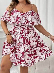 SHEIN VCAY Plus Size Ruffle Spaghetti Strap Floral Allover Print Ruffle Hem Vacation Casual Dress - Burgundy - View 5