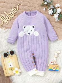 Mono de punto con lindo estampado de oso para bebé niña caqui - Morado - Ver 3