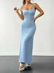 SHEIN EZwear Vestido feminino de malha elegante com alça espaguete e cauda de peixe de cor sólida - Azul - Ver 4