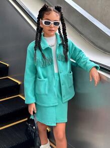 SHEIN Explorewe 2pcs Tween Girls' Casual Rivet & Tassel Decor Fluffy Jacket Coat + Asymmetric Skirt Leggings Set