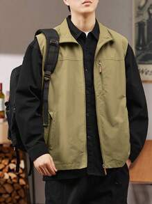 Manfinity Homme 男士拉链无袖口袋复古街头时尚休闲背心 - 卡其色 - 查看 5