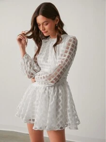 Enchnt 女士圆领长袖收腰优雅迷人时尚连衣裙 - 白色 - 查看 9