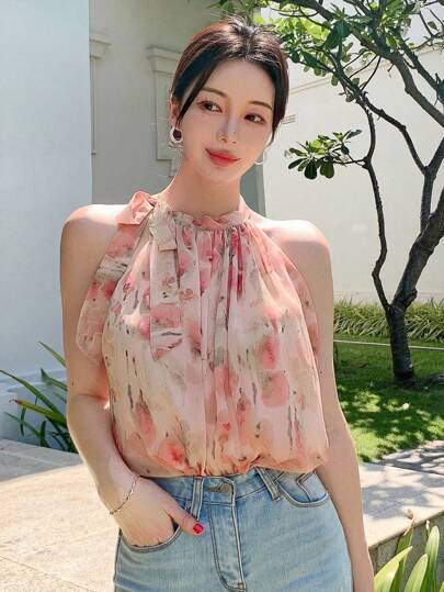 DAZY Women Floral Print Collared Tie Neck Sleeveless Blouse For Summer Going Out Tops