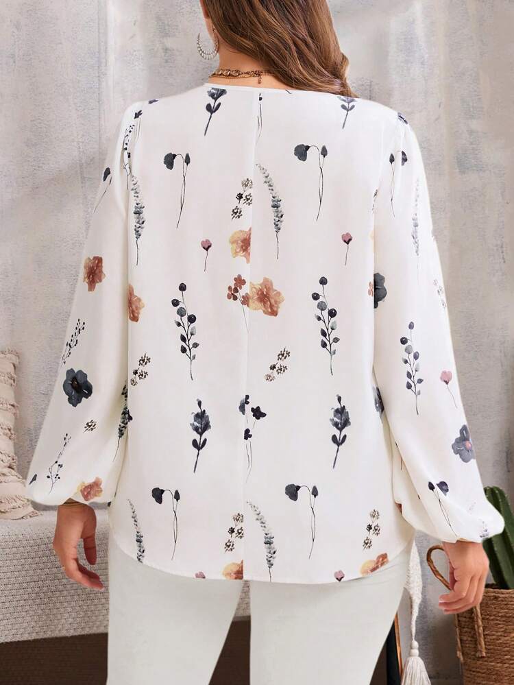 Plus Size Women's Fall Clothes Floral Print V-Neck Lantern Sleeve Loose Long Sleeve Blouse,Flower/Spring/Summer/Vacation